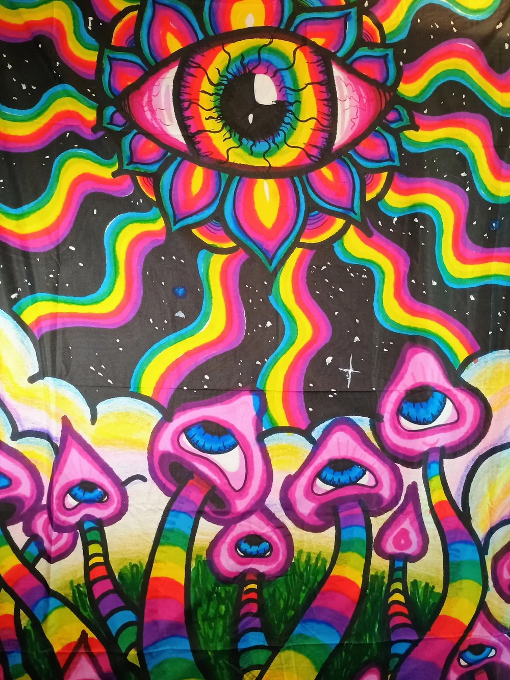 Psychedelic Rainbow Eye Hippie Mushrooms Wall Tapestry - Black & Multicolor